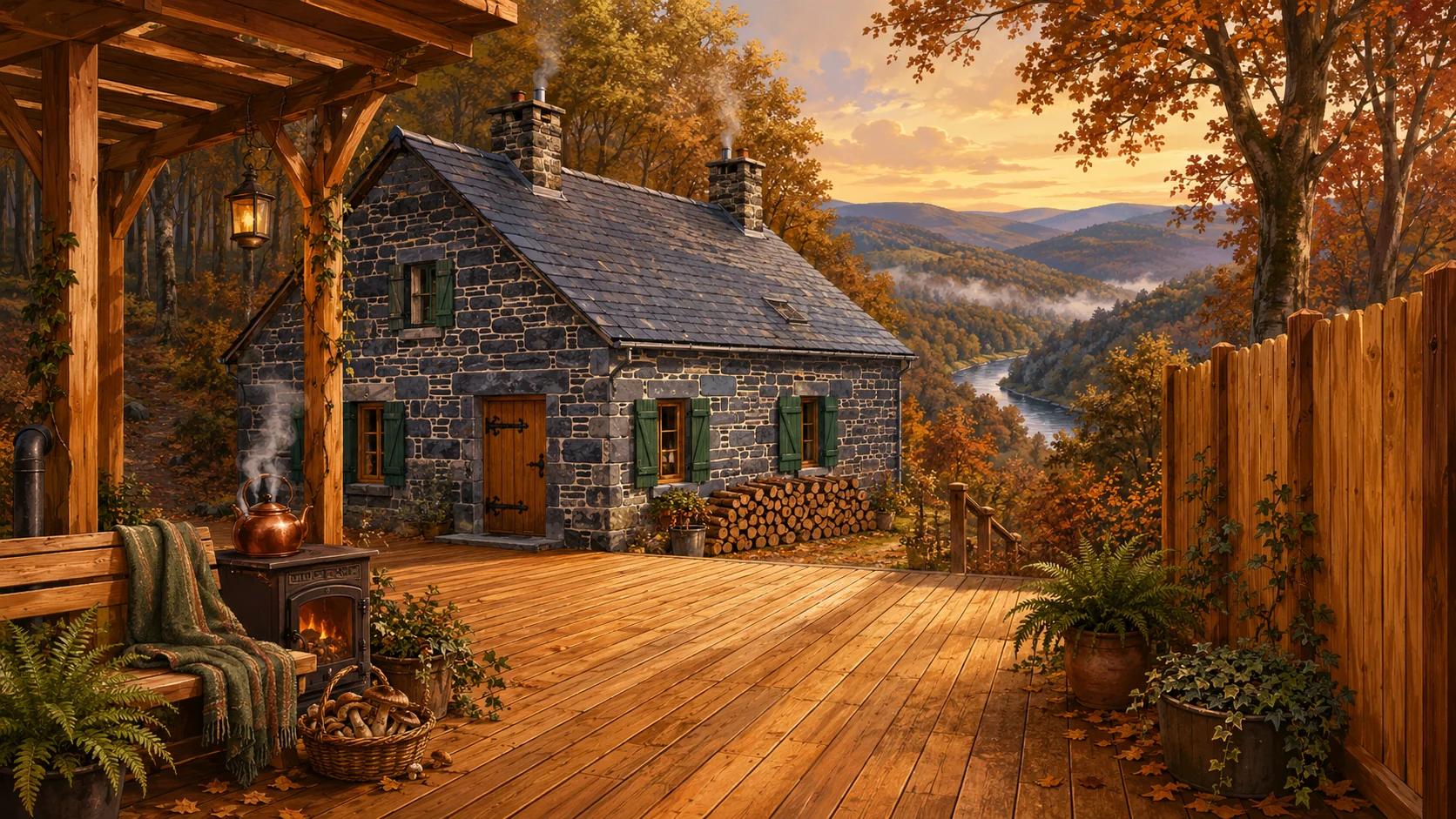 Illustration paysagère du dépôt avec terrasse en bois et clôture